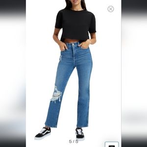 Good American Good Curve Straight Distressed Medium Wash Stretch Jeans 6 28